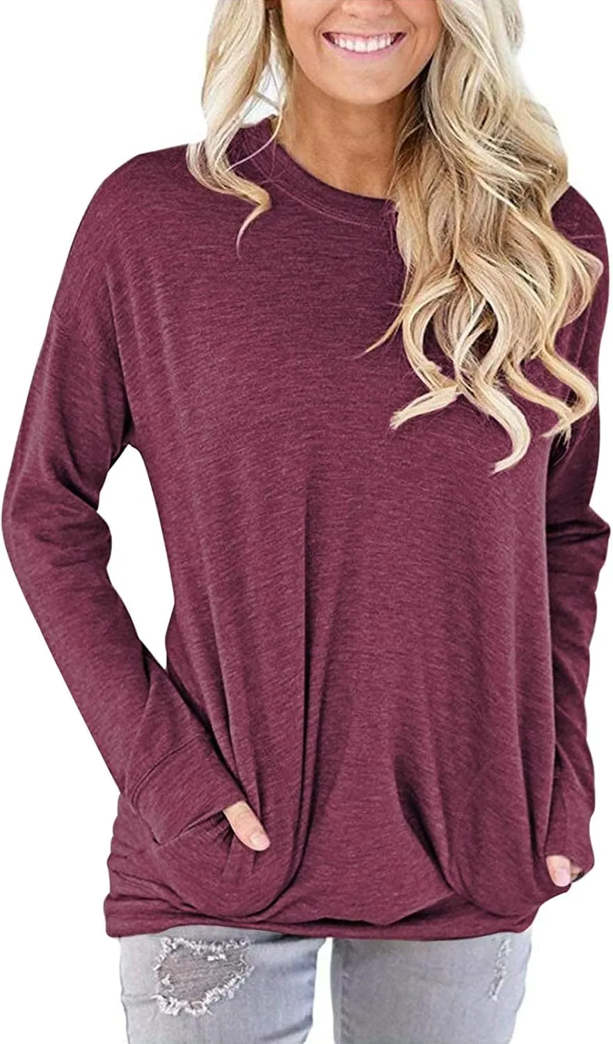 PLOKNRD Women Casual Round Neck Long Sleeve Fit Tunic Top Baggy Comfy Blouse with Pockets
