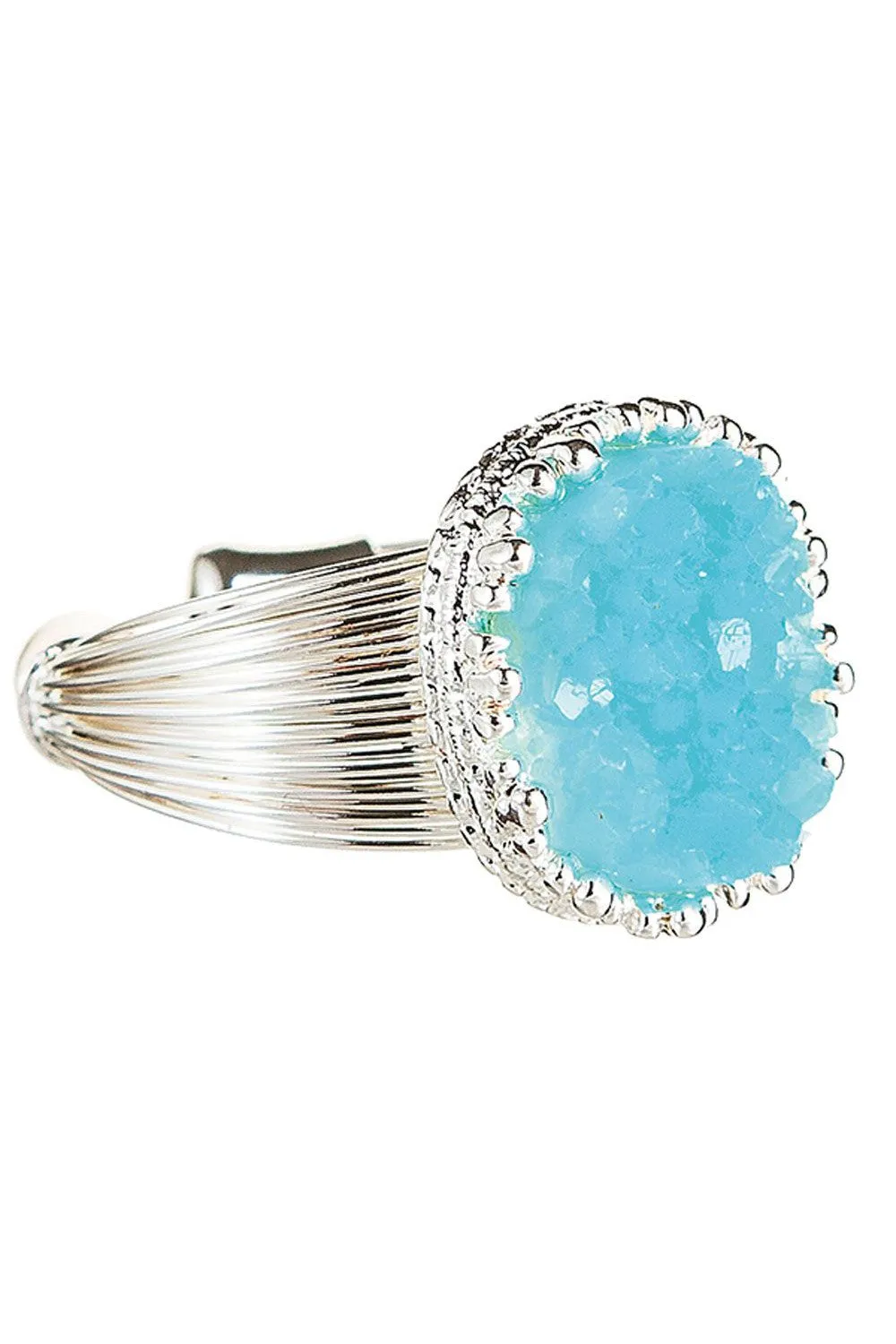 Rain Jewelry Silver Aqua Druzy Gem Center Open Back Adjustable Wire Ring