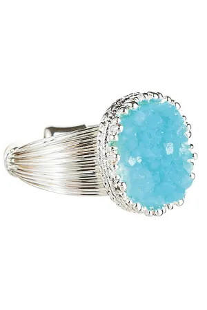 Rain Jewelry Silver Aqua Druzy Gem Center Open Back Adjustable Wire Ring