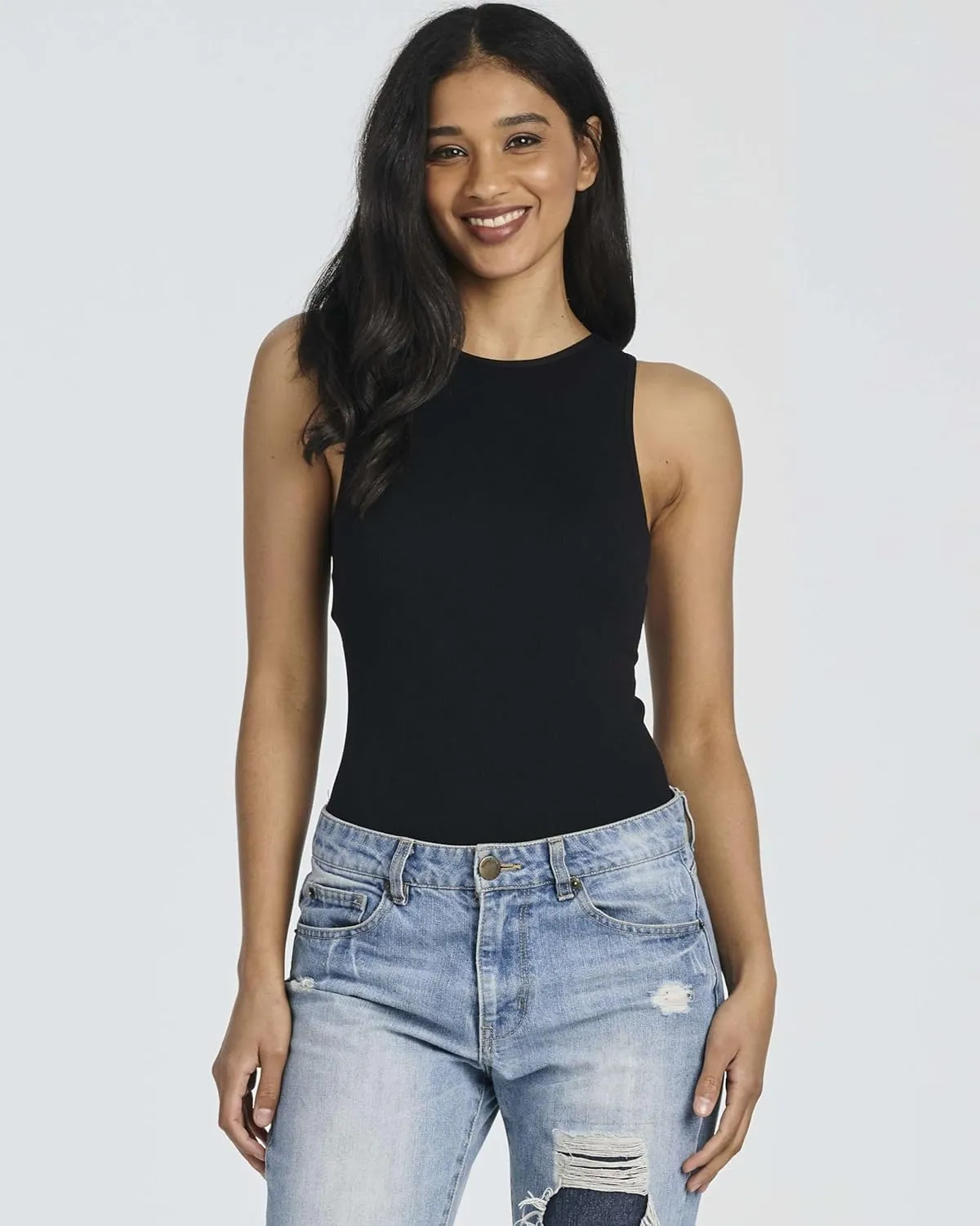 Real Essentials 3 Pack: Womens Ribbed Sleeveless Bodysuit Racerback Halter High Neck Tank Tops Sexy Outfit
