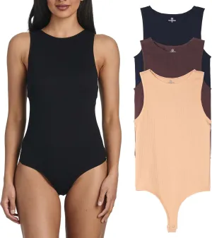 Real Essentials 3 Pack: Womens Ribbed Sleeveless Bodysuit Racerback Halter High Neck Tank Tops Sexy Outfit