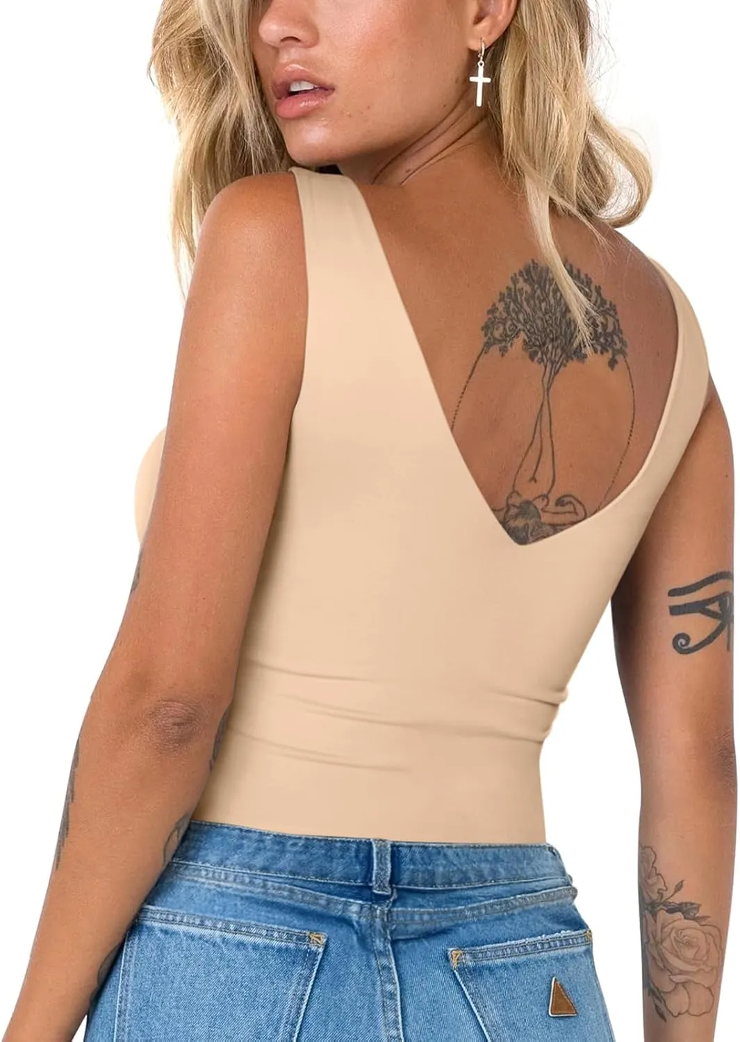 REORIA Butsmooth Womens Trendy Sexy Plunge Deep V Neck Sleeveless V Backless Going Out Tank Bodysuits Tops