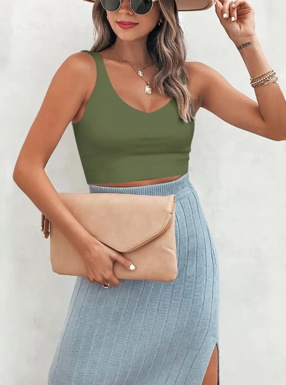 REORIA Women's Summer Casual V Neck Sleeveless Double Lined Basic Crop Tank Tops
