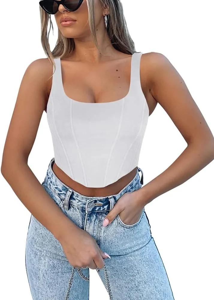 REORIA Women's Summer Sexy Square Neck Sleeveless Trendy Bustier Corset Crop Tank Tops