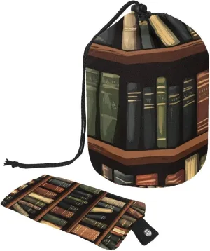 Retro Books on Library Shelves 25 Travel Cosmetic Bags Makeup Bag for Women, Foldable Drawstring Travel Cosmetic Bags, Portable Toiletry Bucket Bag