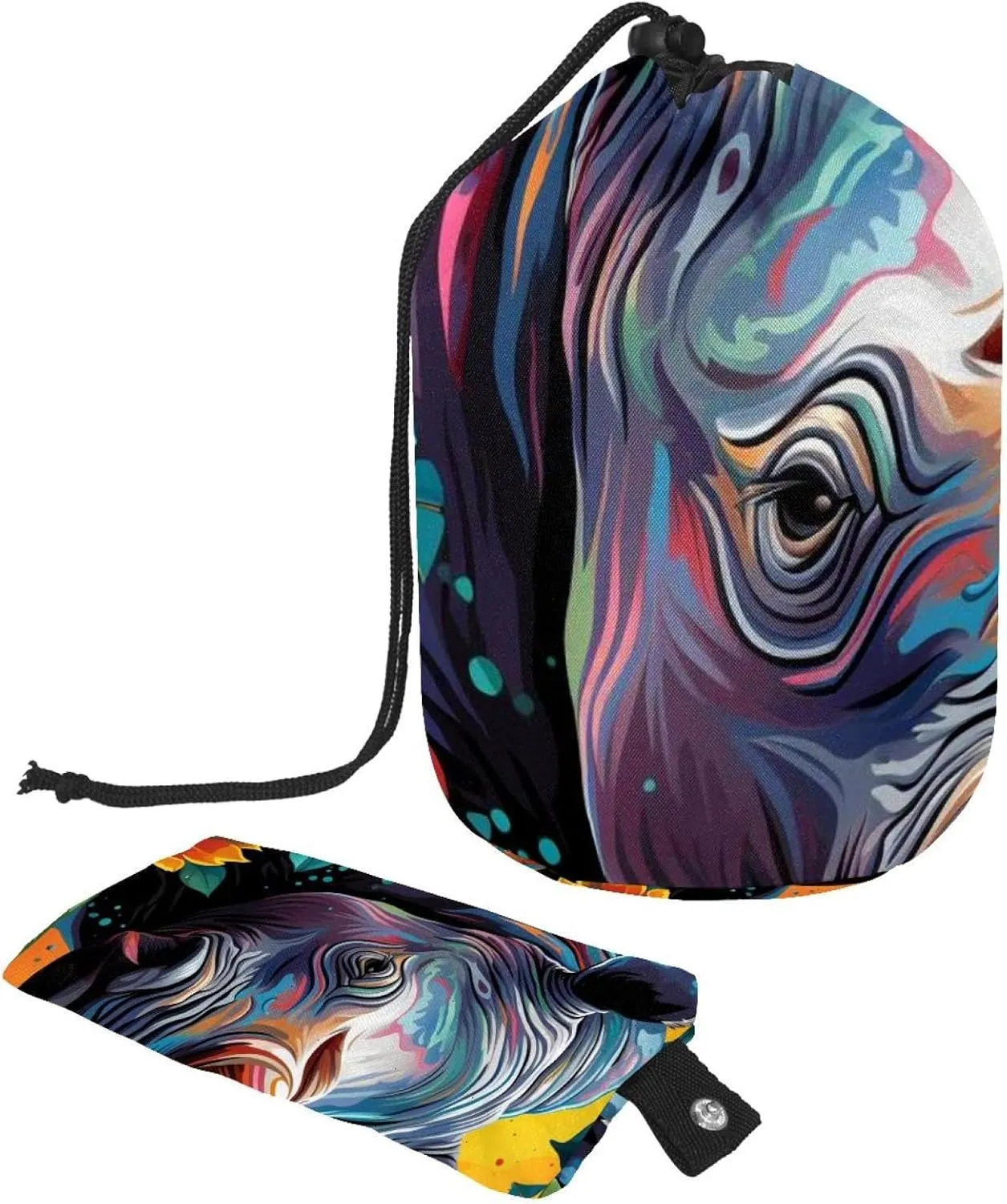 Rhino Colors Oil Paint 49 Travel Cosmetic Bags Makeup Bag for Women, Foldable Drawstring Travel Cosmetic Bags, Portable Toiletry Bucket Bag
