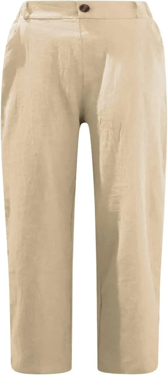 RKSTN Linen Pants Women Summer 2025 Capris for Work Casual Cropped Trousers Solid Plain High Waist Straight Pant with Pockets