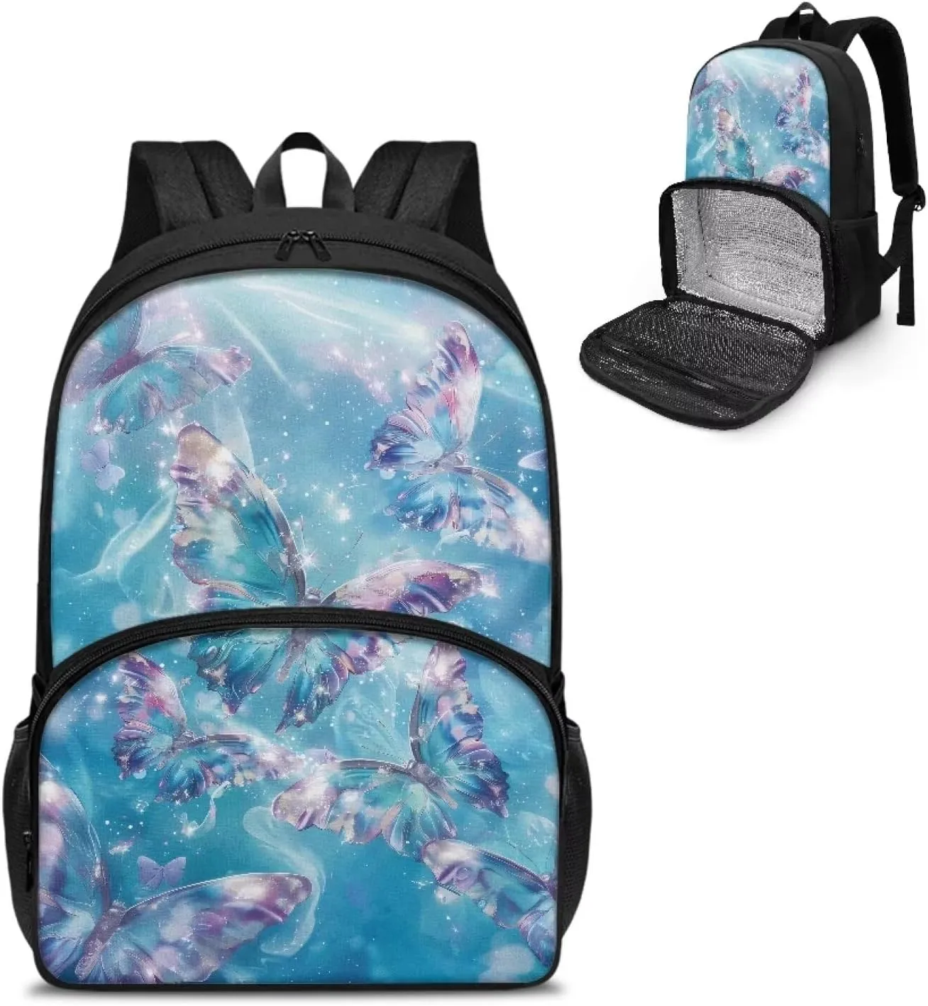 Rnyleeg Blue Butterfly Printed Insulated Cooler Lunch Box Backpack Laptop School Bookbag Causal Daypack School Bag Backpack for Primary School Students