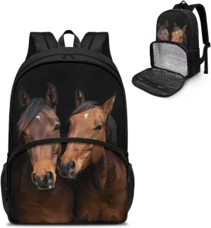 Rnyleeg Insulated Cooler Backpack Lunch Backpack for Kids Boys 16.9 Inch Backpack with Lunch Box Set Laptop Backpack Bookbag School Backpack Travel Daypack Brown Horse