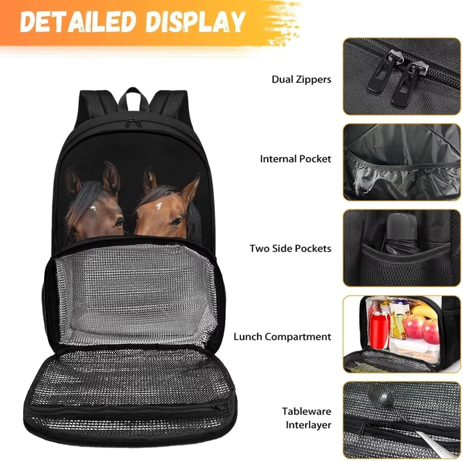 Rnyleeg Insulated Cooler Backpack Lunch Backpack for Kids Boys 16.9 Inch Backpack with Lunch Box Set Laptop Backpack Bookbag School Backpack Travel Daypack Brown Horse