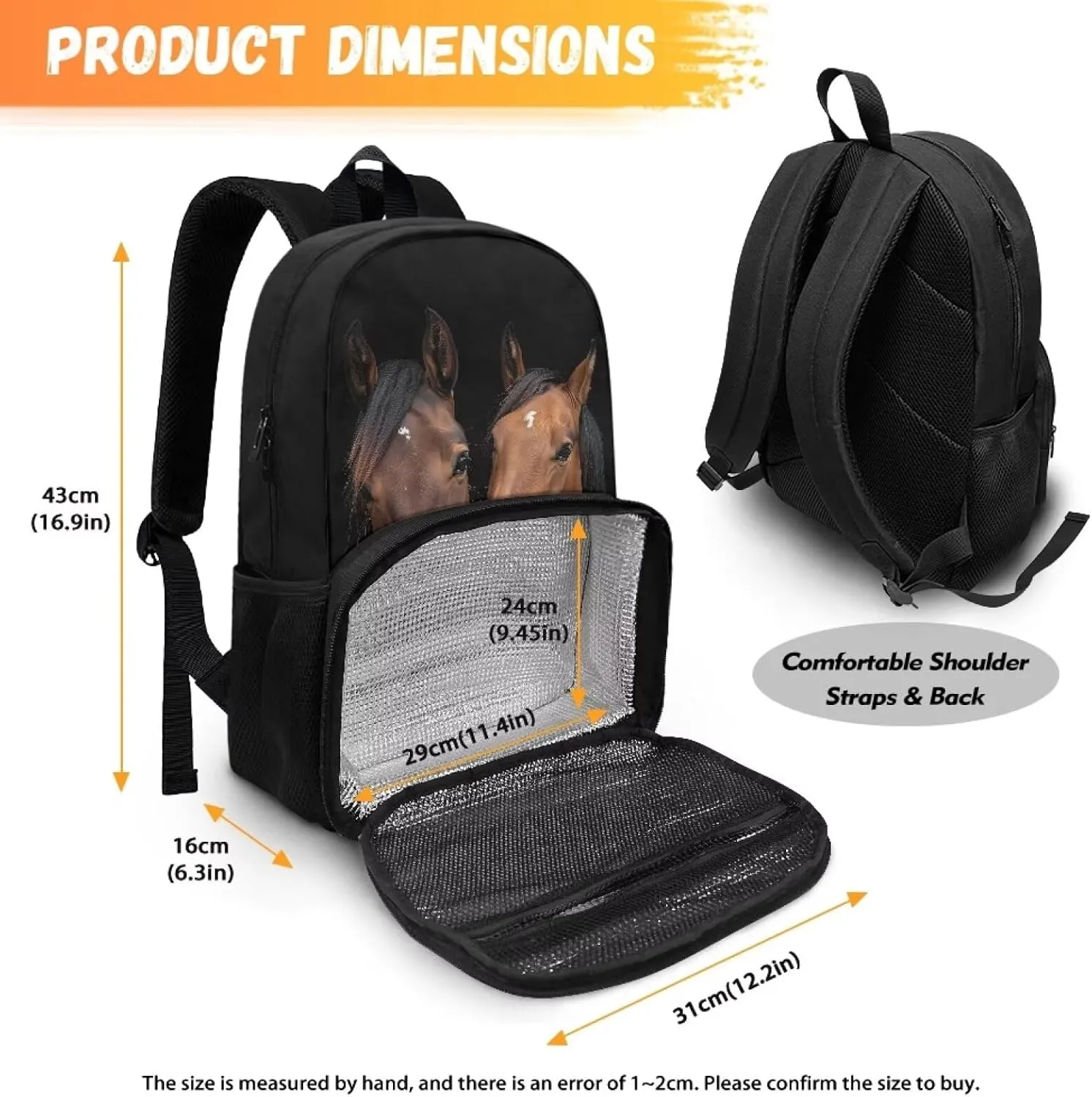 Rnyleeg Insulated Cooler Backpack Lunch Backpack for Kids Boys 16.9 Inch Backpack with Lunch Box Set Laptop Backpack Bookbag School Backpack Travel Daypack Brown Horse