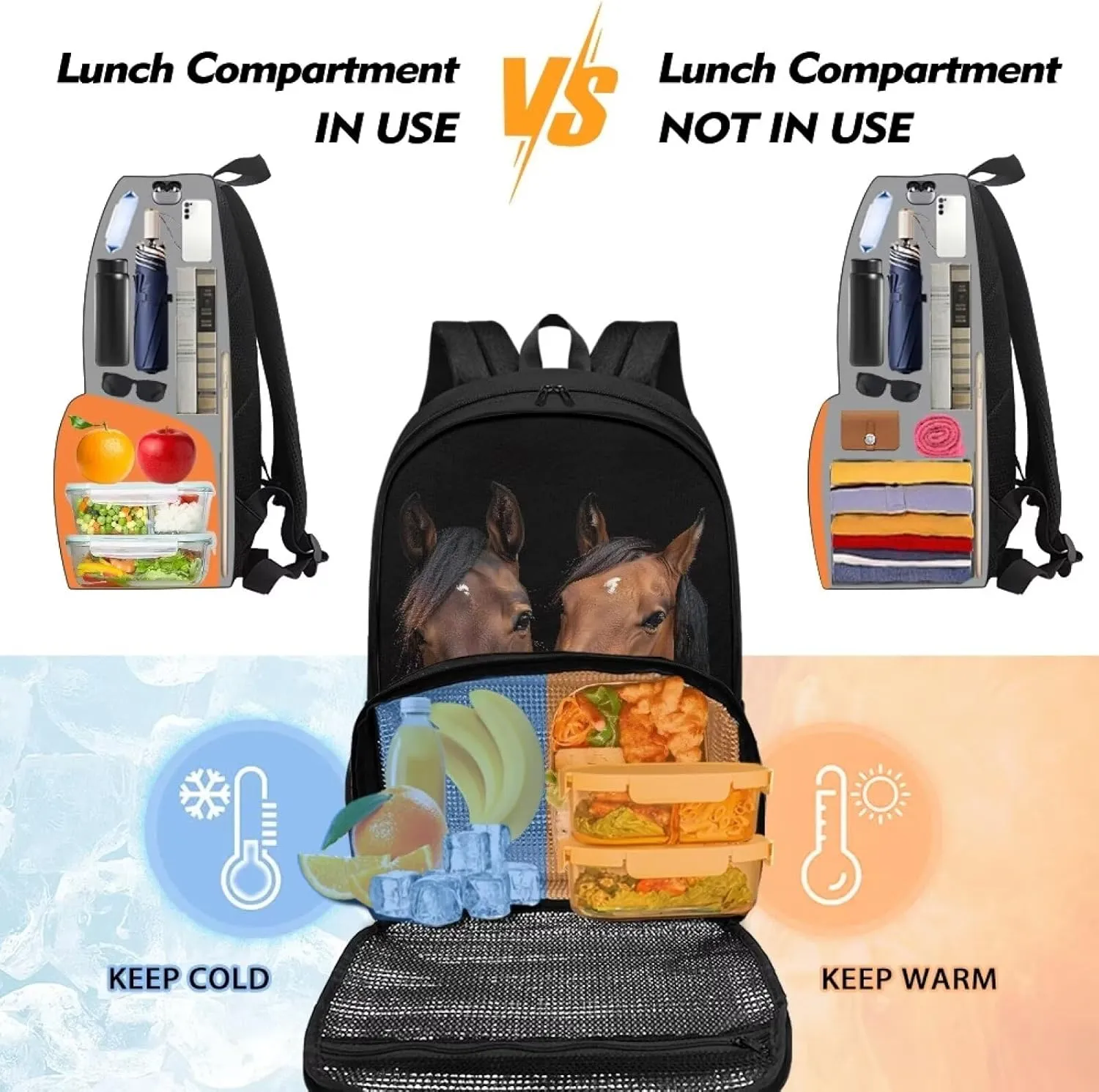 Rnyleeg Insulated Cooler Backpack Lunch Backpack for Kids Boys 16.9 Inch Backpack with Lunch Box Set Laptop Backpack Bookbag School Backpack Travel Daypack Brown Horse