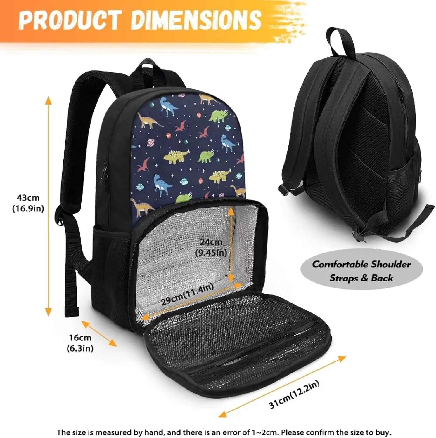 Rnyleeg Insulated Cooler Backpack Lunch Box Laptop Backpack School Backpack Lunch Box Book Bag Casual Daypack Kids School Bags for Boys Kids Cartoon Dinosaur Pattern