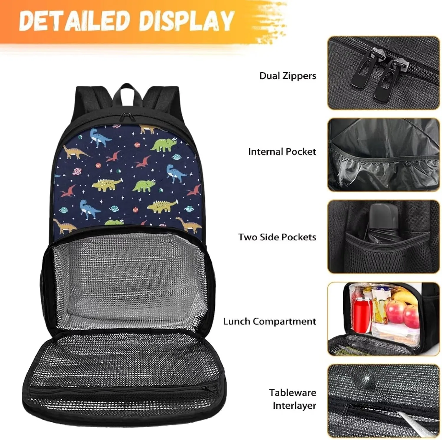 Rnyleeg Insulated Cooler Backpack Lunch Box Laptop Backpack School Backpack Lunch Box Book Bag Casual Daypack Kids School Bags for Boys Kids Cartoon Dinosaur Pattern
