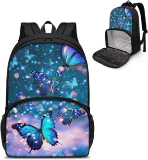Rnyleeg Lunch Backpack for Girls, Insulated Cooler Laptop Backpacks Primary School Bags Large Capacity Schoolbag for Travelling Camping Picnic Hiking Blue Butterfly