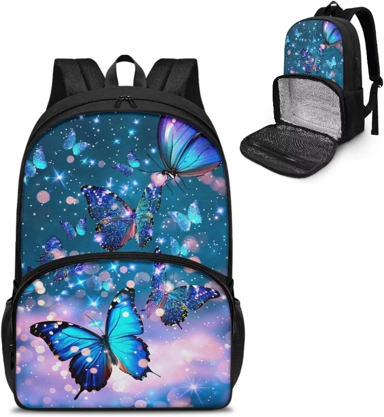 Rnyleeg Lunch Backpack for Girls, Insulated Cooler Laptop Backpacks Primary School Bags Large Capacity Schoolbag for Travelling Camping Picnic Hiking Blue Butterfly