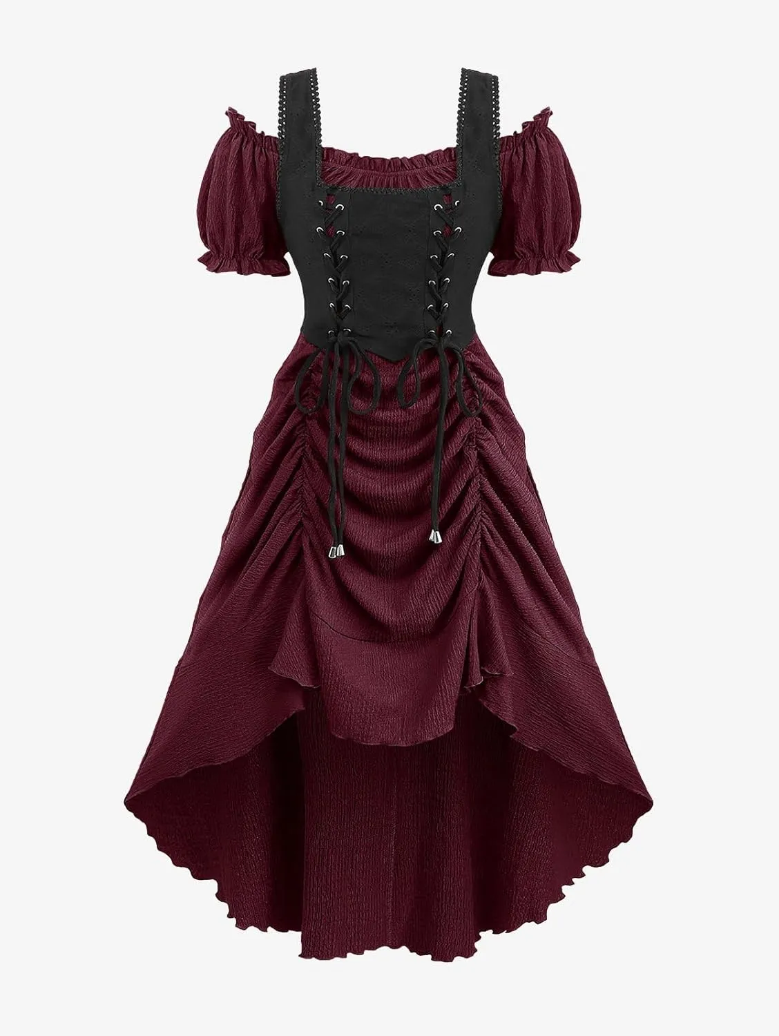 ROSE GAL Rosegal Women Plus Size Steampunk Renaissance Costume Dress Cold Shoulder Ruffles Lace-up High Low Dress