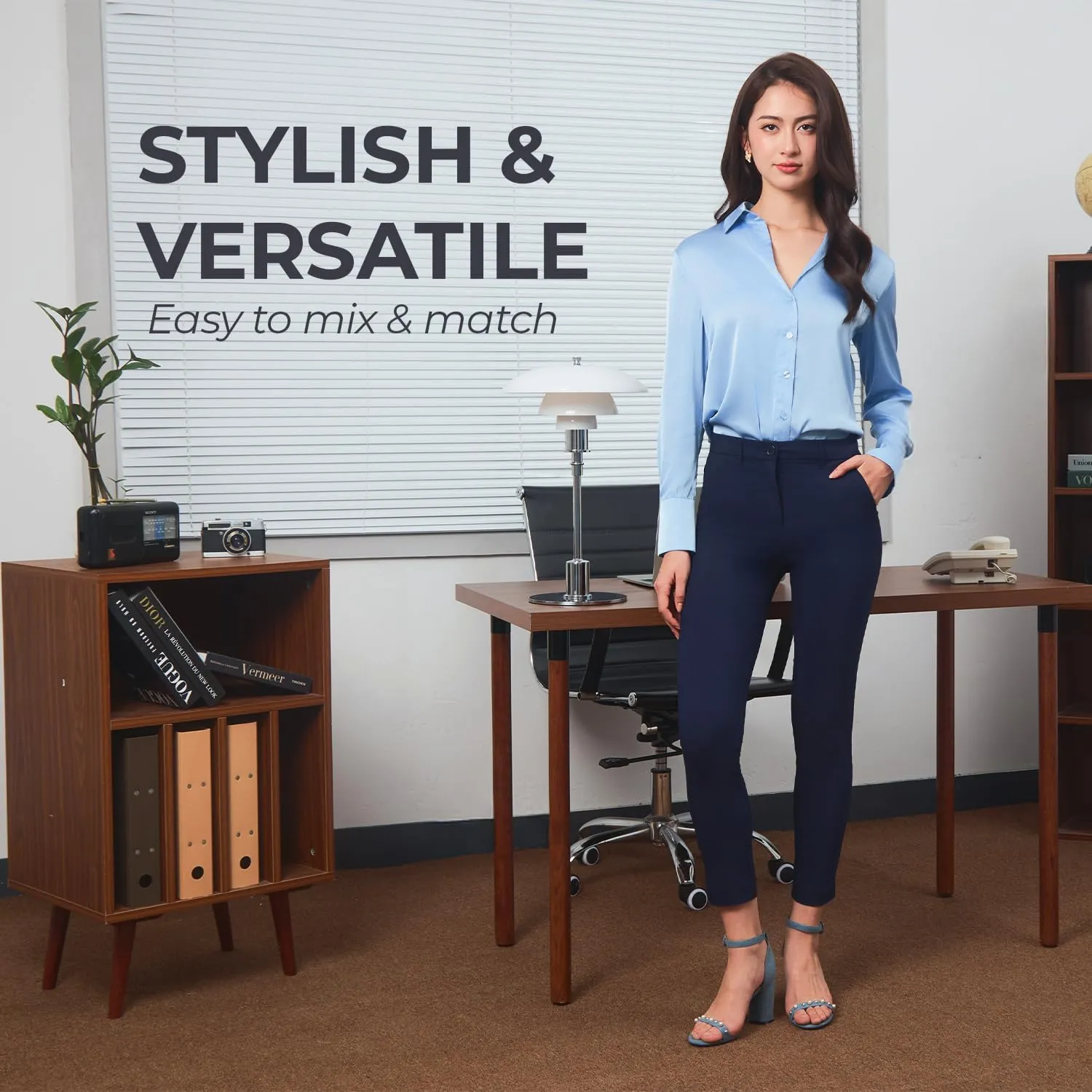 SANDY & SID Cropped Pants for Women Petite Small Size Mid Waist Slim Fit Work Pants Stretch Trousers Slack Casual Office Wear