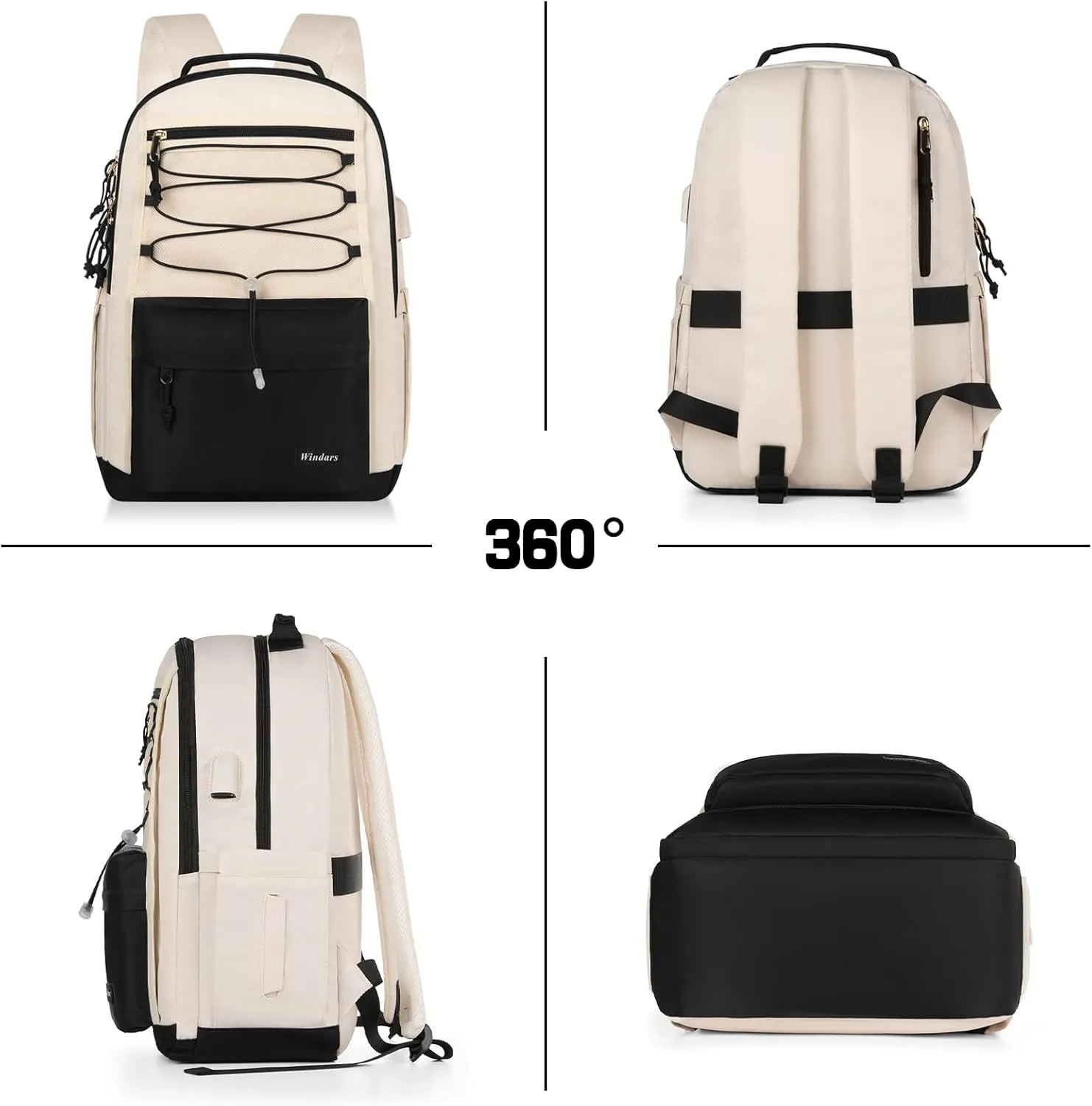 School Backpack for Teens Girls, Aesthetic College Backpack Large Bookbag for Women Students Fashion 15.6 Inch Laptop Bag for Work Travel (Black Beige)