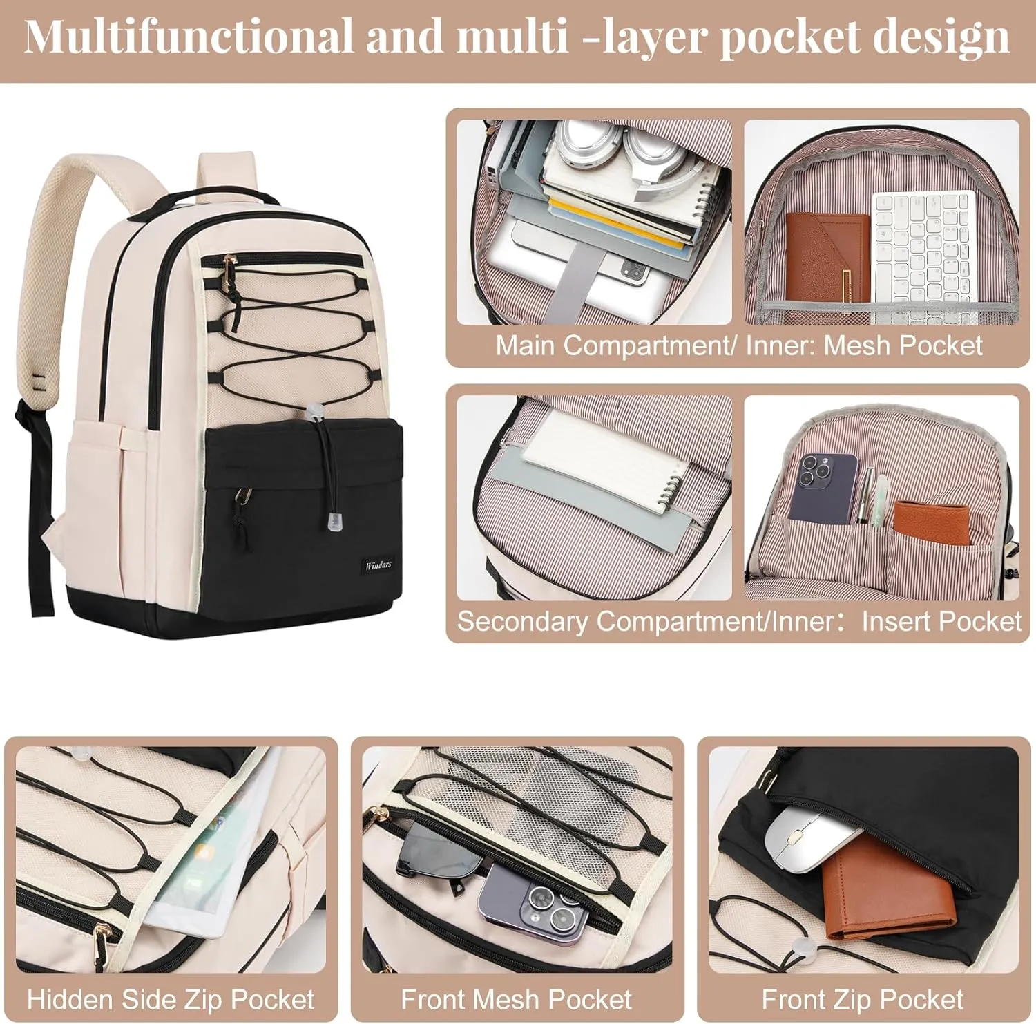 School Backpack for Teens Girls, Aesthetic College Backpack Large Bookbag for Women Students Fashion 15.6 Inch Laptop Bag for Work Travel (Black Beige)