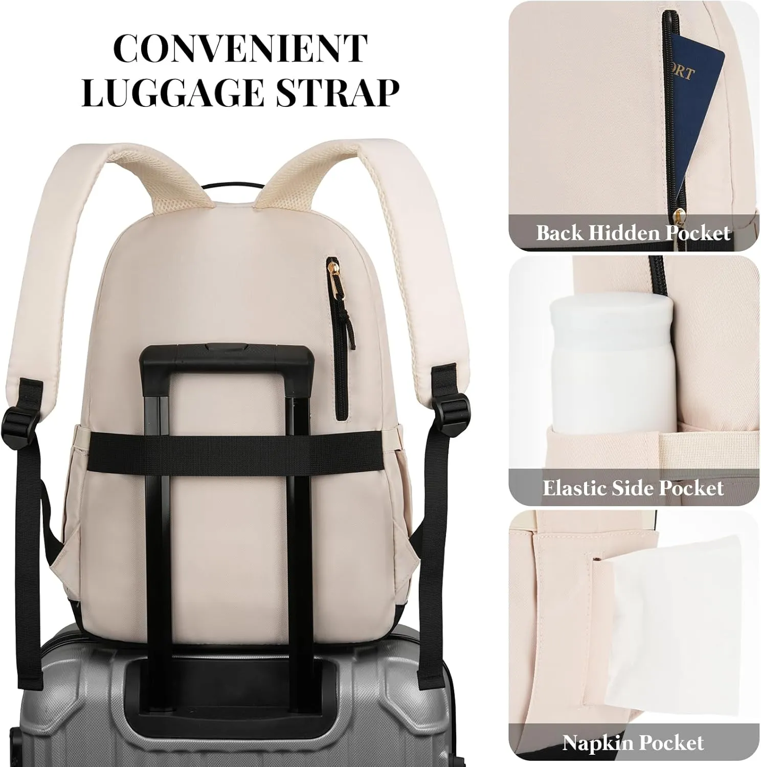School Backpack for Teens Girls, Aesthetic College Backpack Large Bookbag for Women Students Fashion 15.6 Inch Laptop Bag for Work Travel (Black Beige)