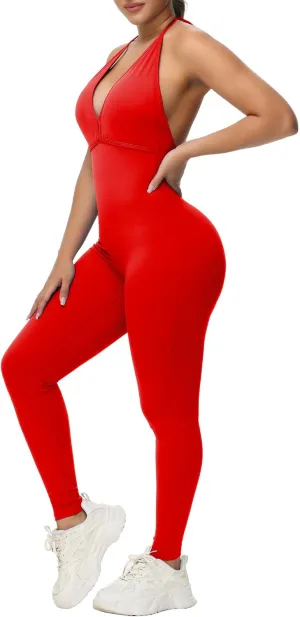 Sexy Jumpsuits for Women V Neck Scrunch Butt Rompers Halter Tie Gym Workout One Piece outfit Bodysuits