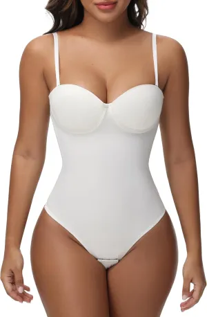 SHAPSHE Low Back Shapewear for Women Plunge Sleeveless Sexy White Corset Tops Going Out Bodysuits Shapewear Tummy Control Backless Thong Tank Tops