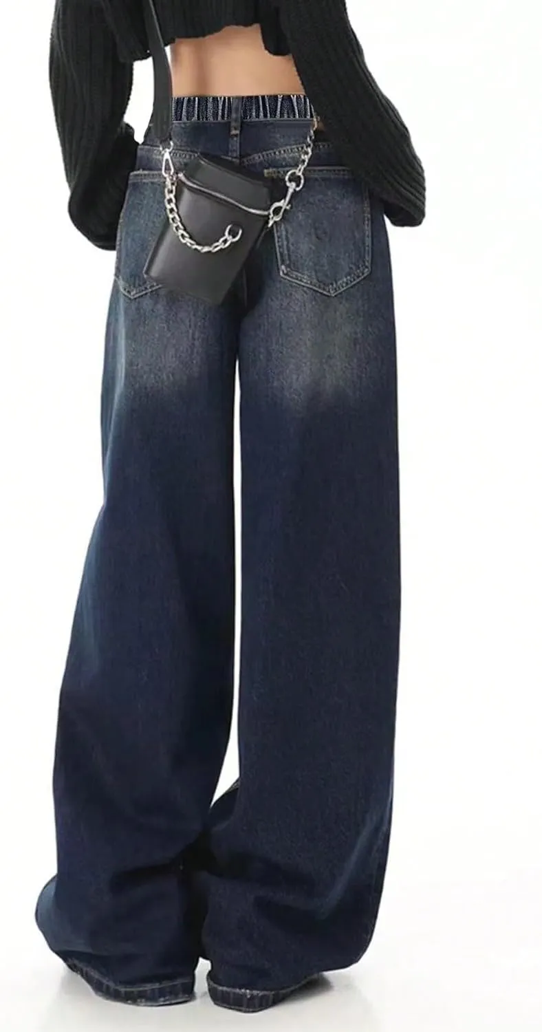 SHENHE Girl's Baggy Jeans Wide Leg Low Rise Y2k Elastic Waist Loose Jeans Denim Pants