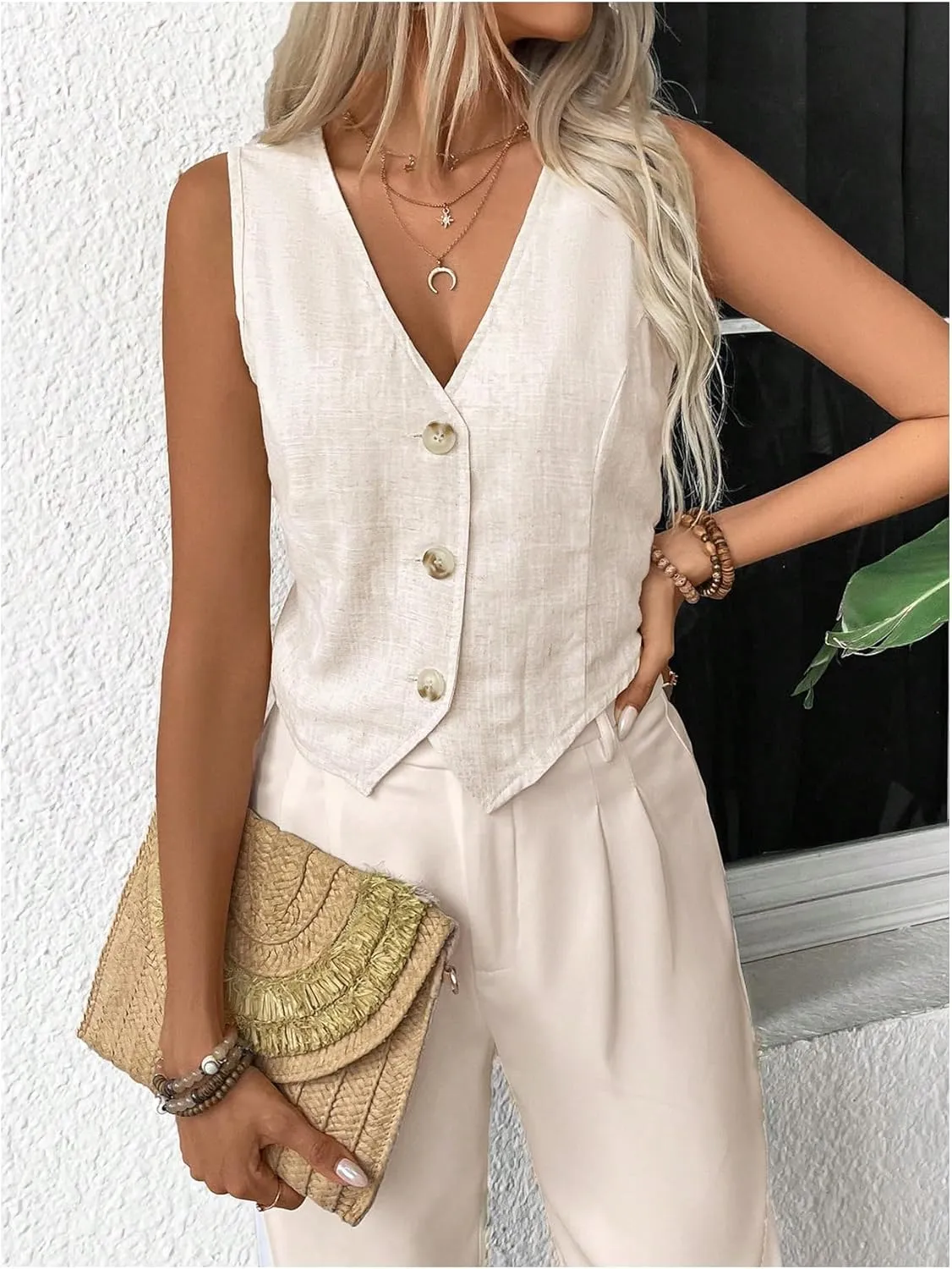 SHENHE Women's Sleeveless Button Down Vest Asymmetrical Linen Waistcoat Work Office Vest Tops