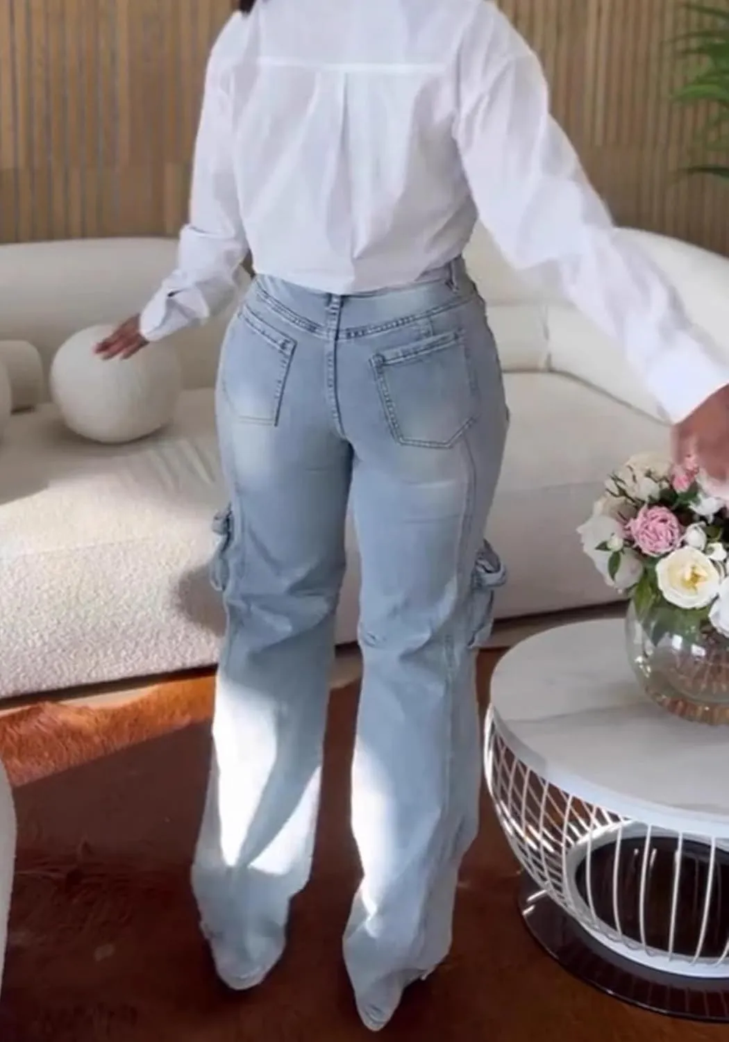 SHINFY Rhinestone Cargo Jeans for Women High Waisted Straight Wide Leg Ripped Jeans Y2K Baggy Denim Cargo Pants