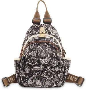 Small Backpacks Purse for Women Mini Waterproof Colorful Print Leisure Travel Bags (Black Flower)