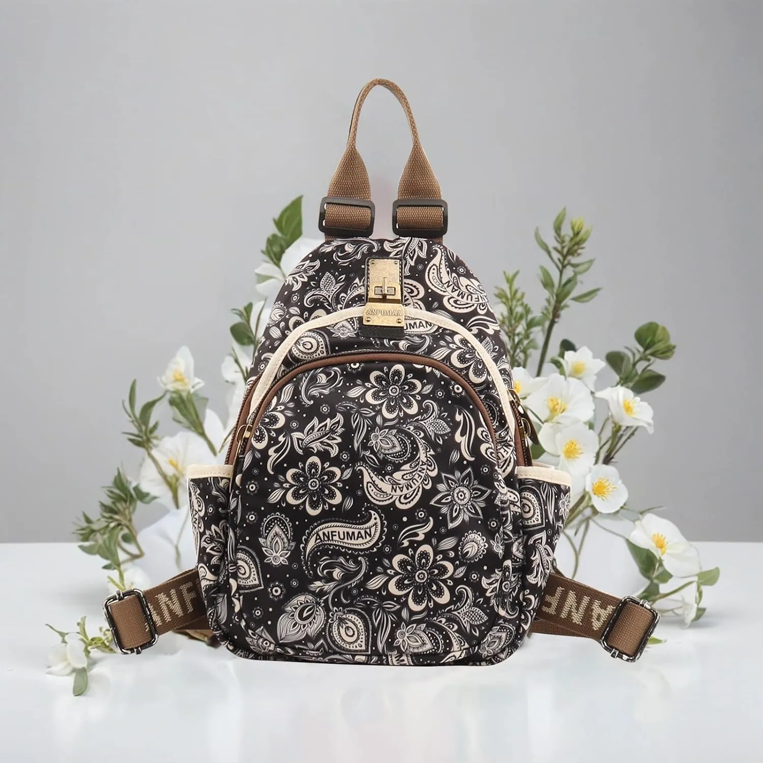 Small Backpacks Purse for Women Mini Waterproof Colorful Print Leisure Travel Bags (Black Flower)