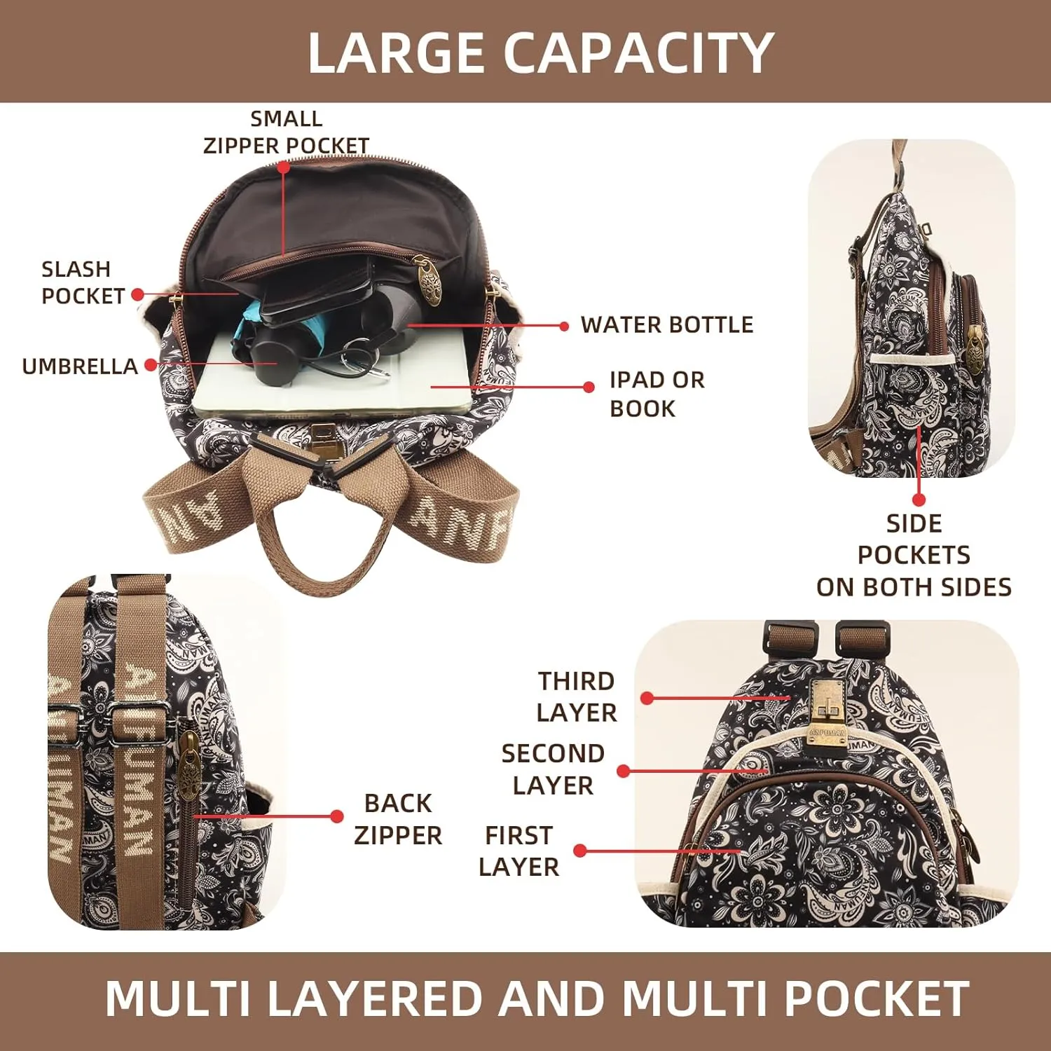 Small Backpacks Purse for Women Mini Waterproof Colorful Print Leisure Travel Bags (Black Flower)