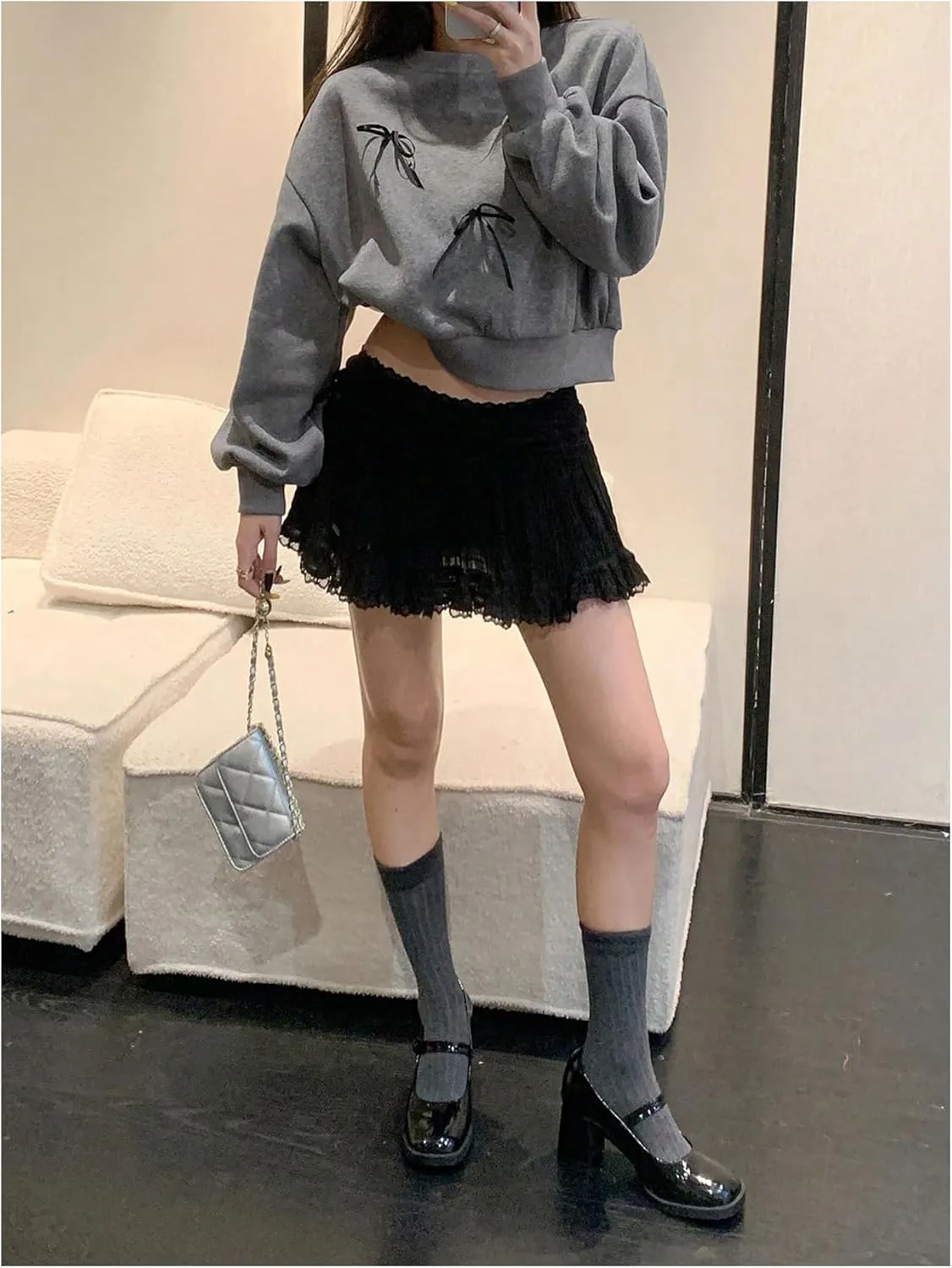 SOLY HUX Women's Y2k Bow Cropped Sweatshirt Crewneck Long Sleeve Oversized Pullover Tops