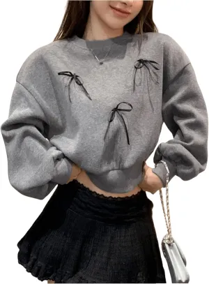 SOLY HUX Women's Y2k Bow Cropped Sweatshirt Crewneck Long Sleeve Oversized Pullover Tops