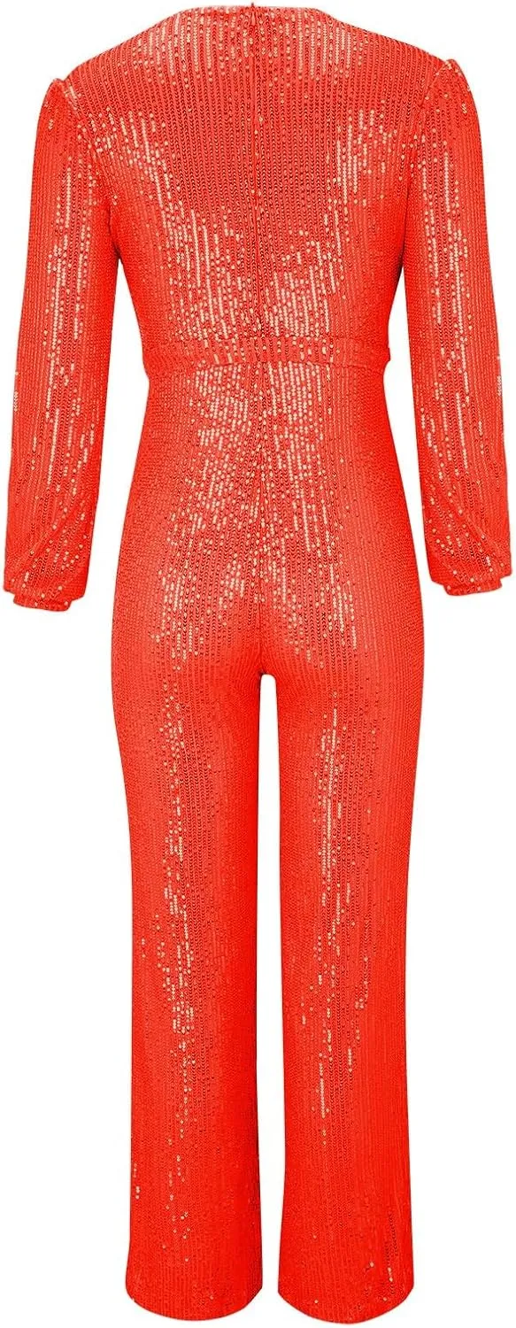 Sparkly Jumpsuits for Women Dressy Formal Plus Size Long Sleeve Sequin Party Rompers Sexy V Neck Wide Leg Pants Suit