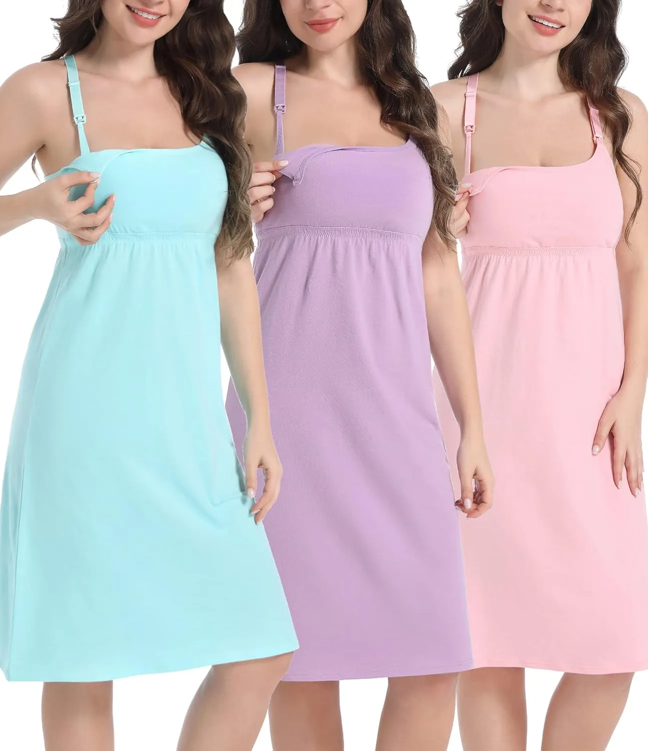 SUIEK 3-Pack Maternity Nursing Nightgown Cotton Breastfeeding Dress Pregnancy Tank Tops Sleepwear