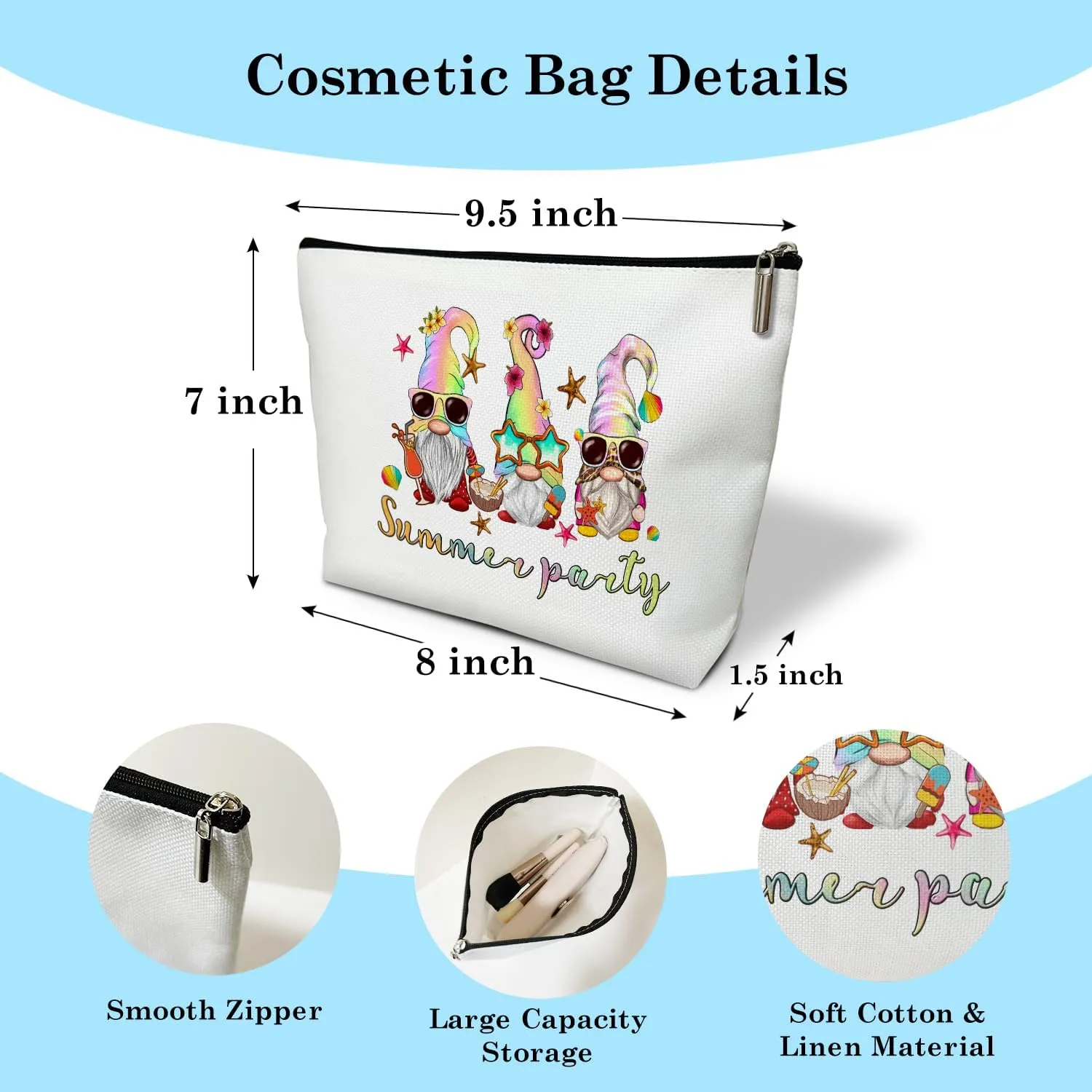 Summer Party Cosmetic Bag Women Makeup Bag Gnome Gifts For Women, Beach Vacation Gift for Her Girlfriend Sister Mother Aunt, Purse Travel Organizer Toiletry Pouch Accessories Case zipper Bag -01