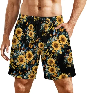 Sunflower Faith Butterfly Casual Beach Shorts for Men Elastic Waist Drawstring Swim Shorts With Compression Liner
