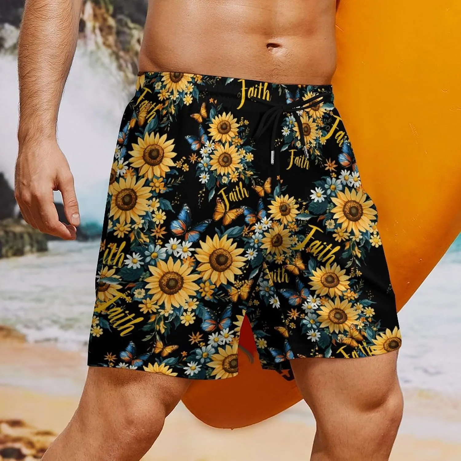 Sunflower Faith Butterfly Casual Beach Shorts for Men Elastic Waist Drawstring Swim Shorts With Compression Liner