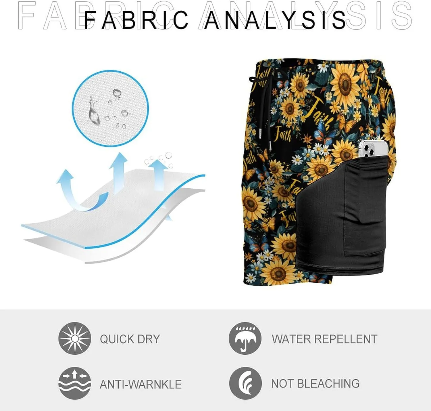 Sunflower Faith Butterfly Casual Beach Shorts for Men Elastic Waist Drawstring Swim Shorts With Compression Liner