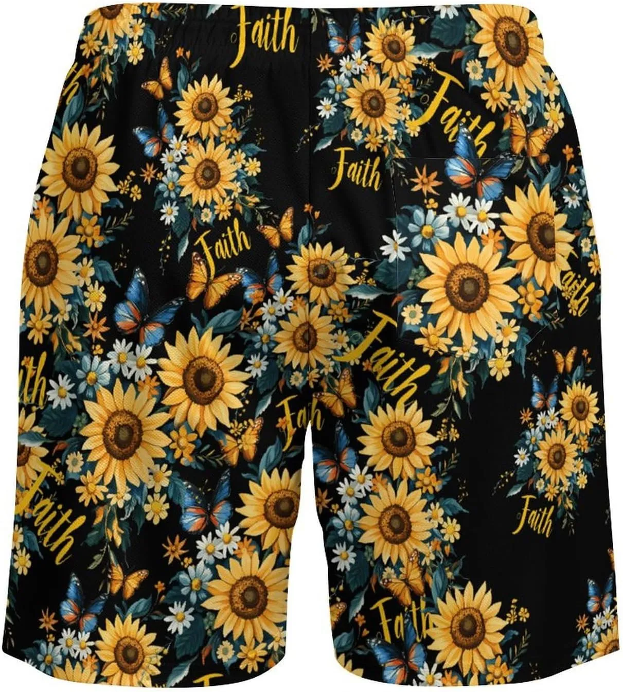 Sunflower Faith Butterfly Casual Beach Shorts for Men Elastic Waist Drawstring Swim Shorts With Compression Liner
