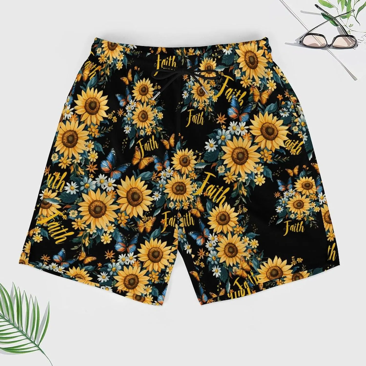 Sunflower Faith Butterfly Casual Beach Shorts for Men Elastic Waist Drawstring Swim Shorts With Compression Liner