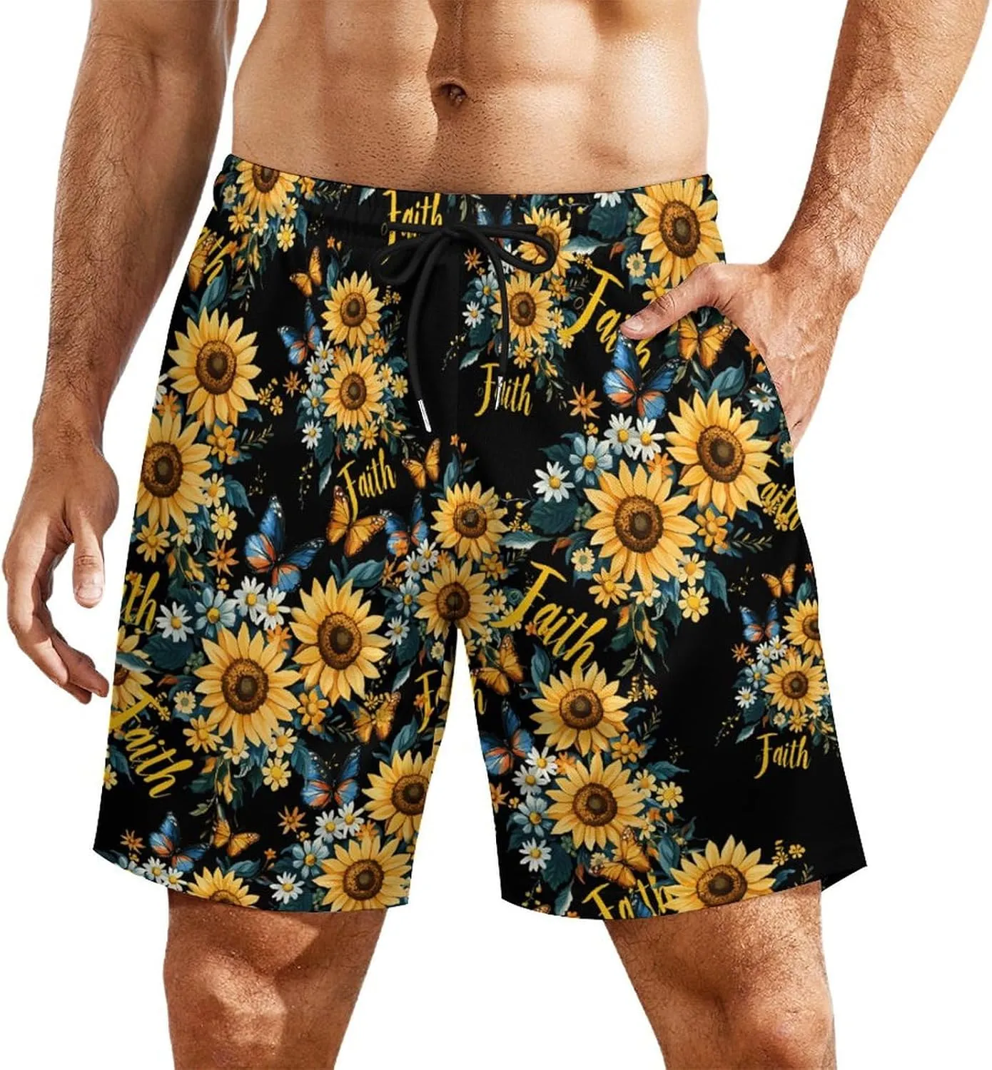 Sunflower Faith Butterfly Casual Beach Shorts for Men Elastic Waist Drawstring Swim Shorts With Compression Liner