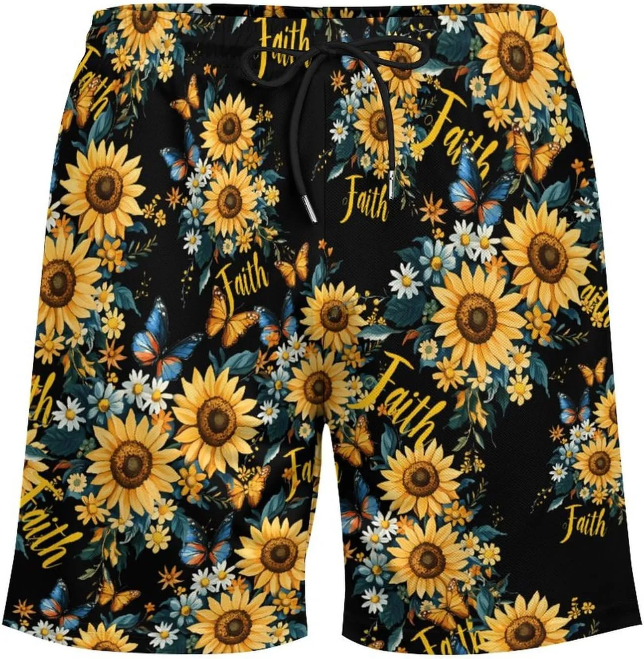 Sunflower Faith Butterfly Casual Beach Shorts for Men Elastic Waist Drawstring Swim Shorts With Compression Liner
