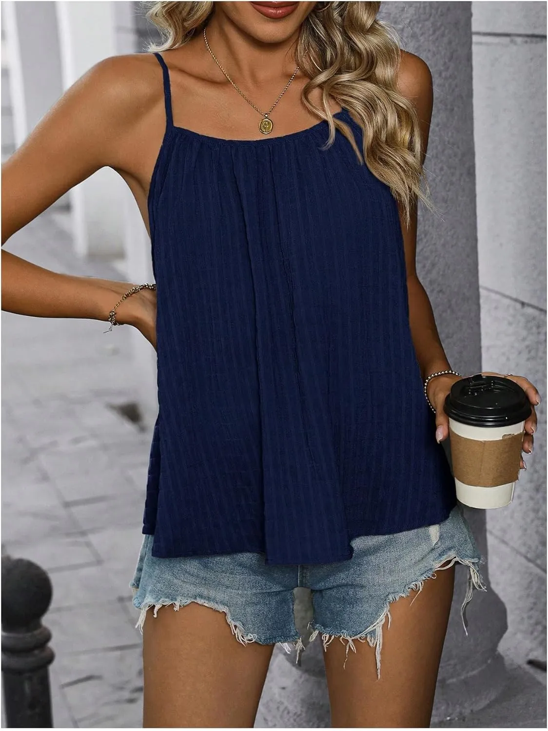 SweatyRocks Women's Summer Tank Top Spaghetti Strap Pleated Camisole Sleeveless Loose Cami Tops