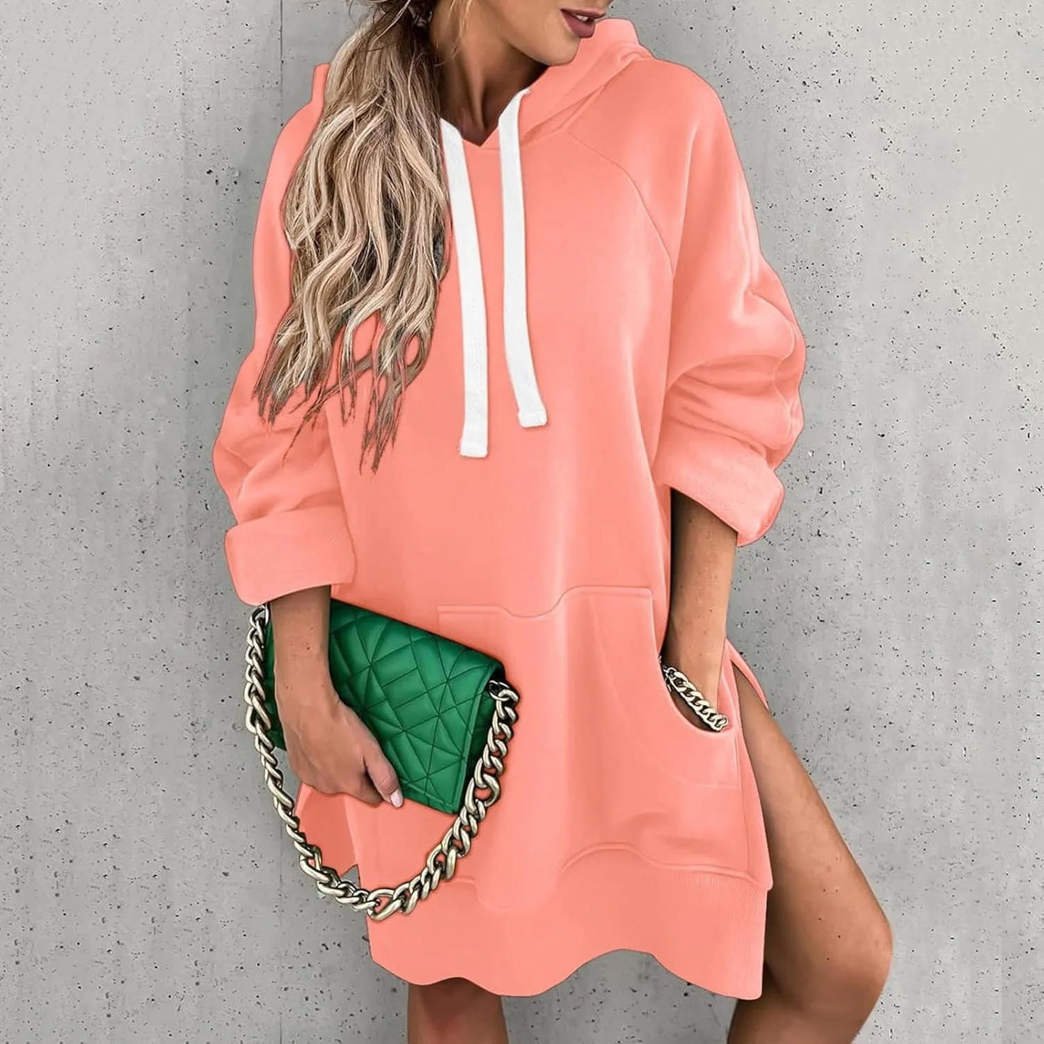The Warmy Oversized Hoodie Dress for Womens Long Sleeve Split Hem Drawstring Midi Dress Pullover Hoodies with Pocket