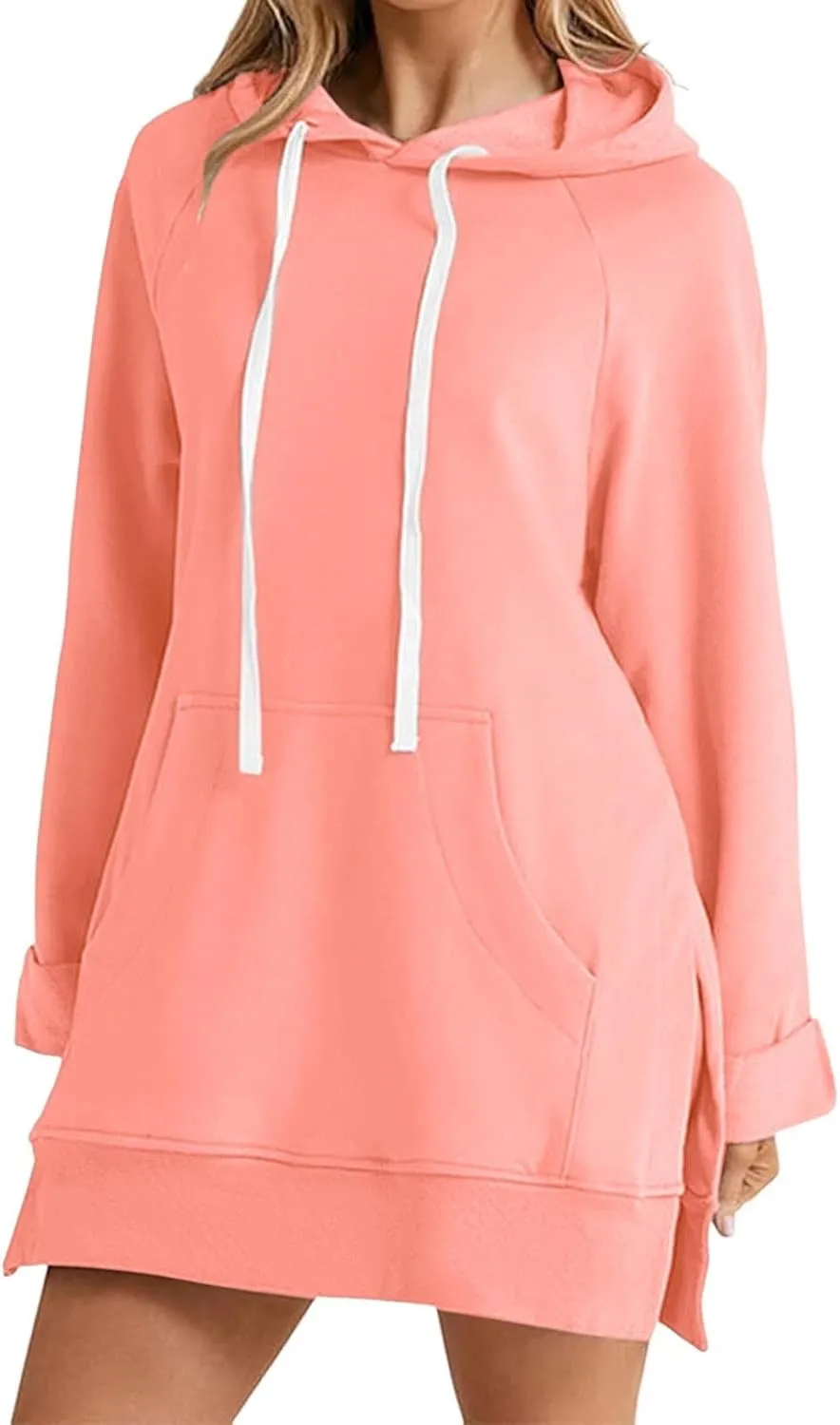 The Warmy Oversized Hoodie Dress for Womens Long Sleeve Split Hem Drawstring Midi Dress Pullover Hoodies with Pocket