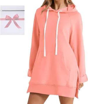 The Warmy Oversized Hoodie Dress for Womens Long Sleeve Split Hem Drawstring Midi Dress Pullover Hoodies with Pocket