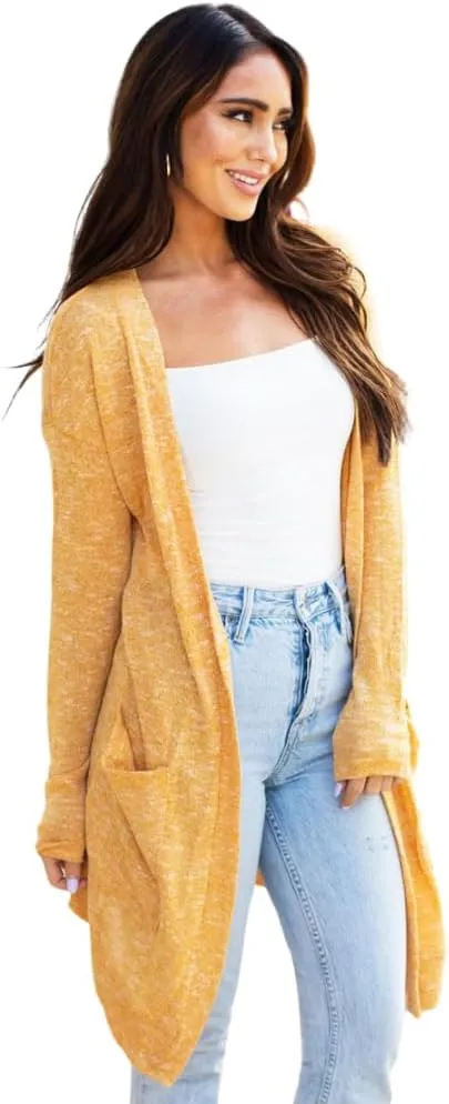 Tickled Teal Women's Open Long Sleeve Lightweight Knit Cardigan with Pockets